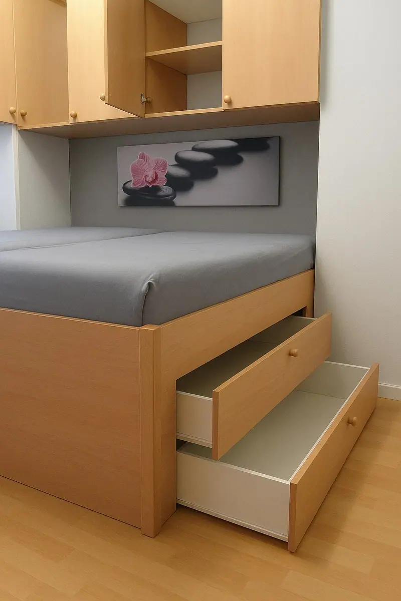Bett mit Schubladen im Bettkasten und Regal darüber