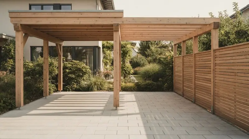 Pergola und Sichtschutzwand aus Holz vor einem Wohnhaus